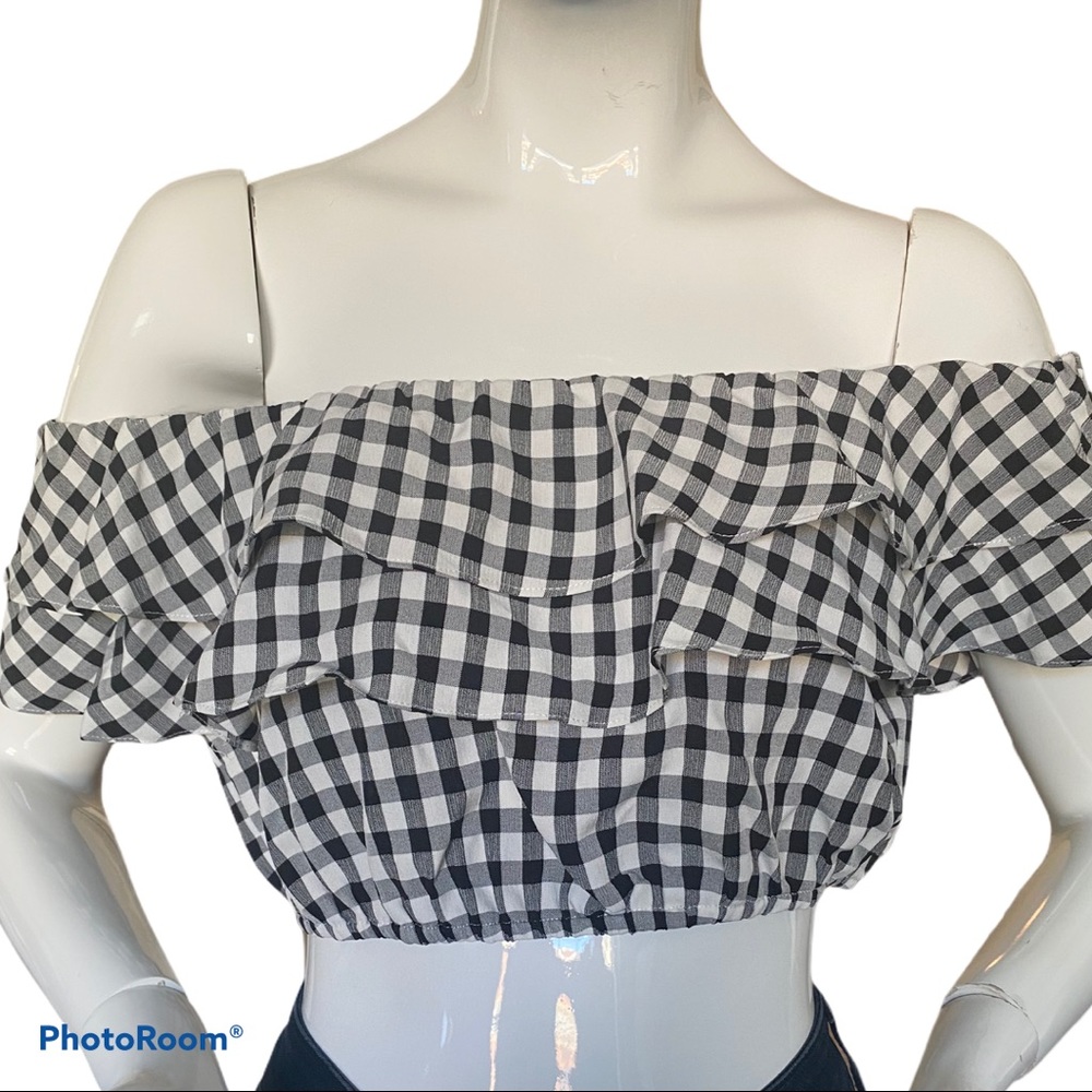 LF Checkered Off the Shoulder Ruffle Crop Top